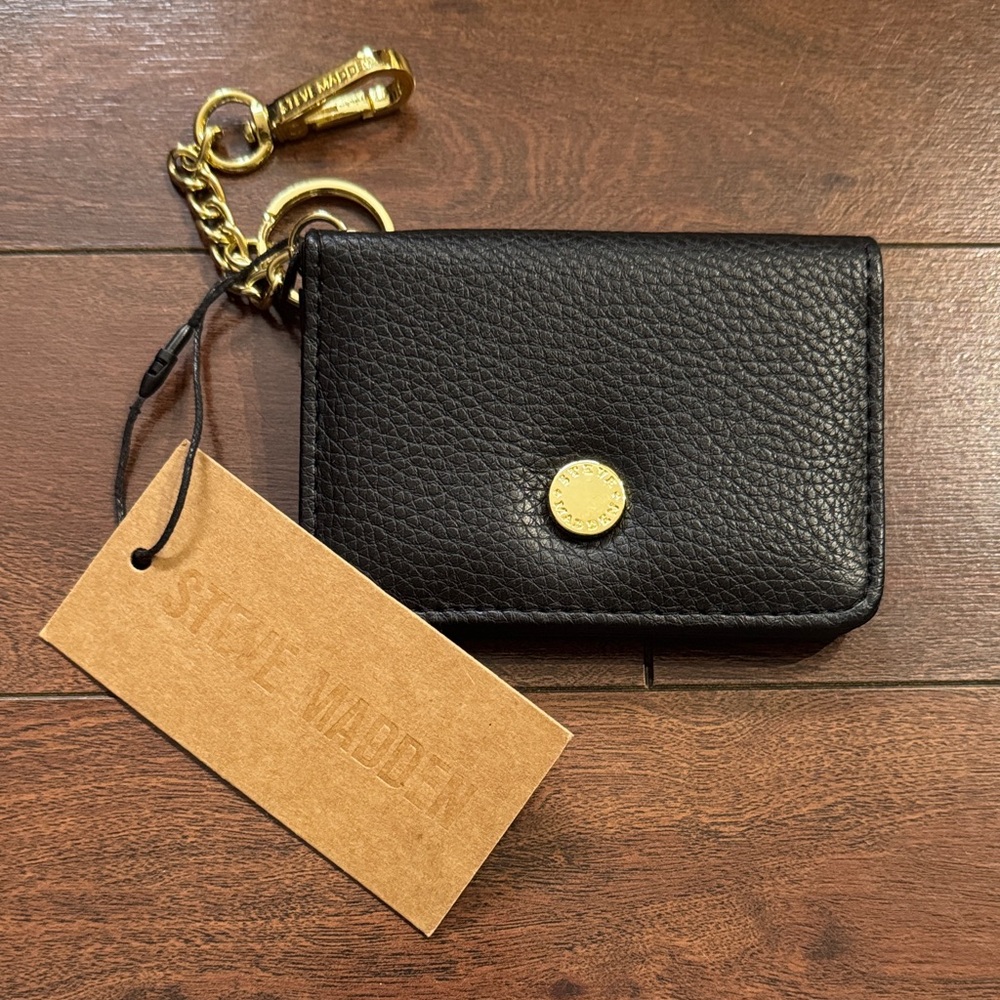 Brand New Steve Madden Black Pebbled Bifold Card Wallet Gold Accents